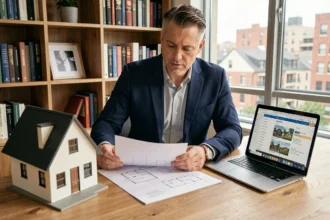 Homme d'affaires analysant des documents immobiliers et des plans d'appartement pour un projet d'achat immobilier