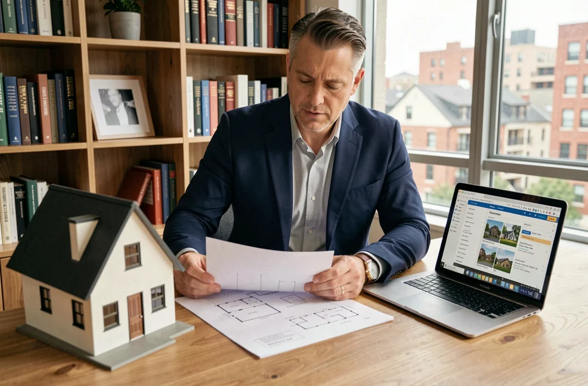 Homme d'affaires analysant des documents immobiliers et des plans d'appartement pour un projet d'achat immobilier