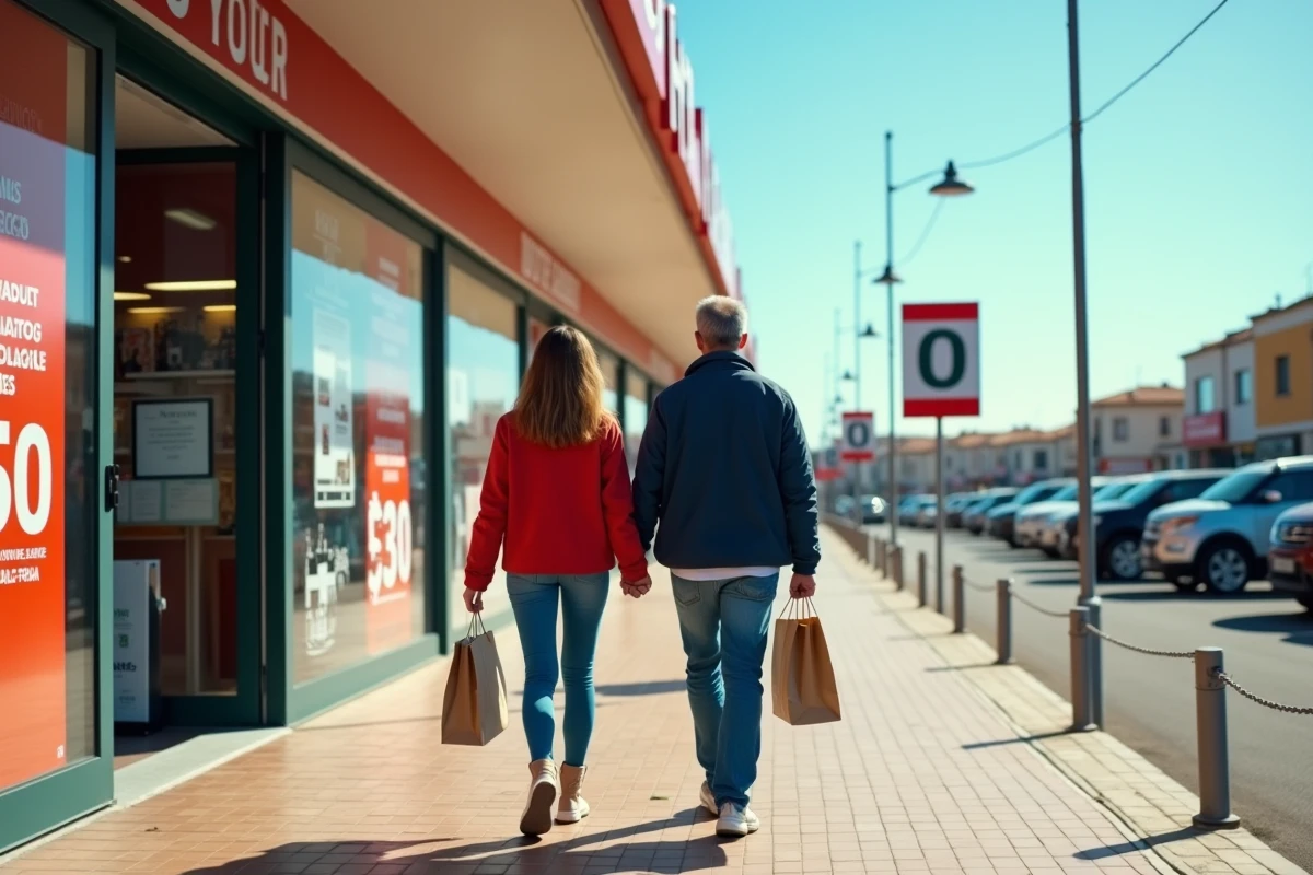 Couple français sortant d'un magasin de tabac en zone frontalière espagnole avec des sacs d'achats