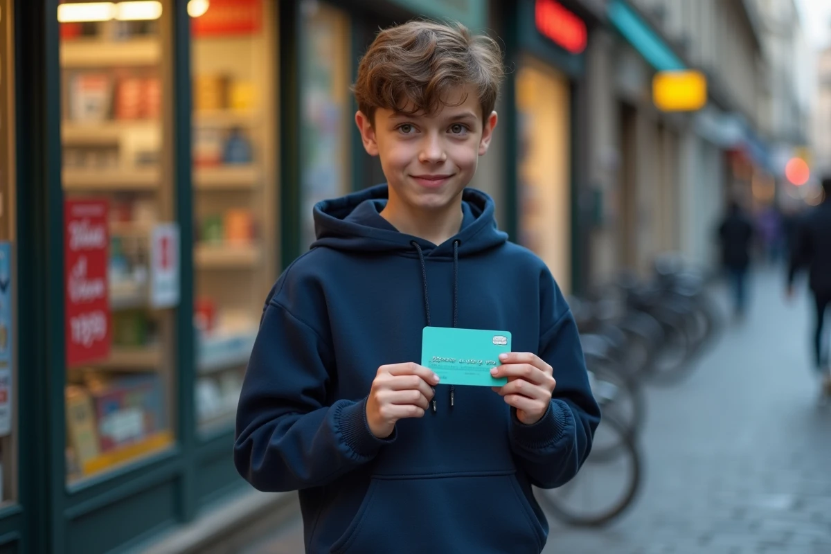 Adolescent tenant une carte bancaire prépayée type Pixpay devant une boutique urbaine