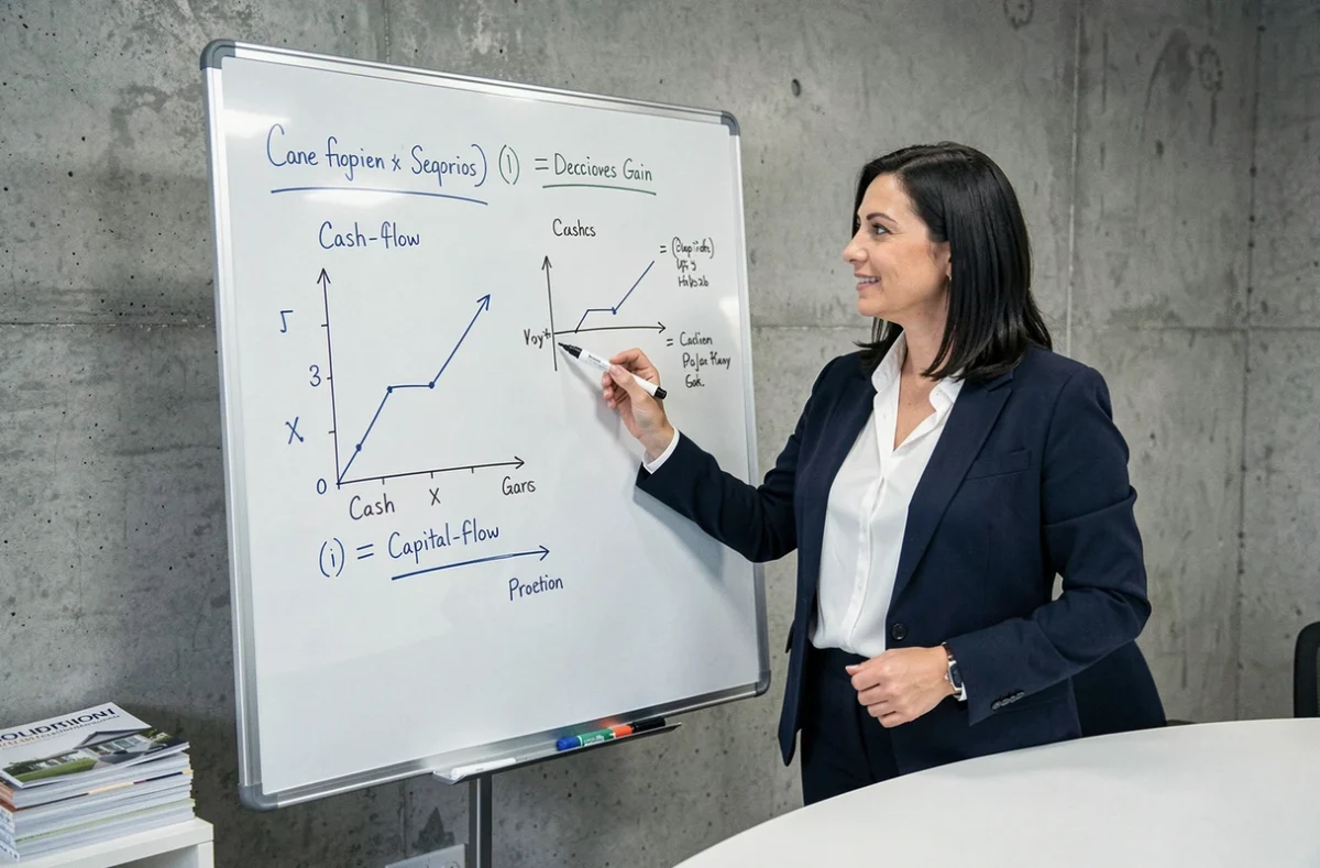 Femme investisseuse analysant les projections de cash-flow et plus-value sur tableau blanc