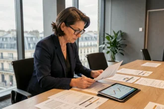 Femme cadre analysant des documents financiers SCPI dans un bureau parisien moderne