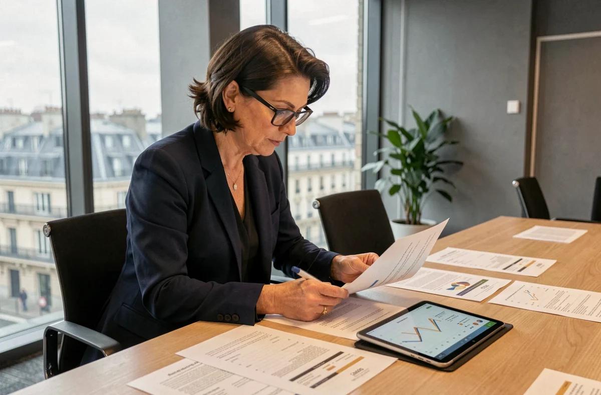 Femme cadre analysant des documents financiers SCPI dans un bureau parisien moderne