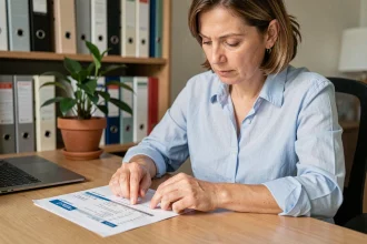 Femme examinant un relevé bancaire La Banque Postale pour analyser les dates de valeur d'une opération à venir