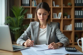 Femme analysant sa fiche de paie et son salaire net sur un bureau avec calculatrice et ordinateur portable