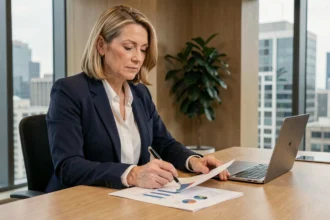 Femme cadre analysant les performances d'une SCPI Perial sur des documents financiers dans un bureau moderne