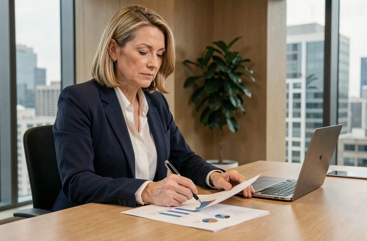 Femme cadre analysant les performances d'une SCPI Perial sur des documents financiers dans un bureau moderne