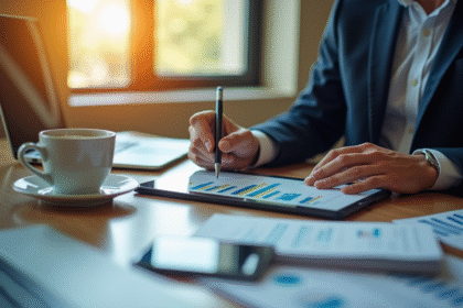 Businessperson analysant graphiques financiers sur une tablette