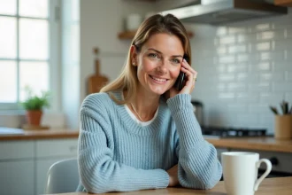 Femme appelant le service client Cofidis depuis chez elle avec un smartphone
