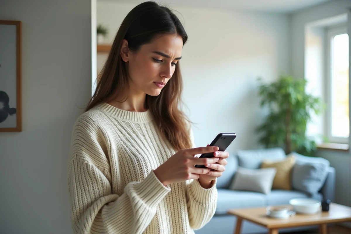 Jeune femme utilisant l'application Boursorama sur smartphone pour trouver un contact téléphonique