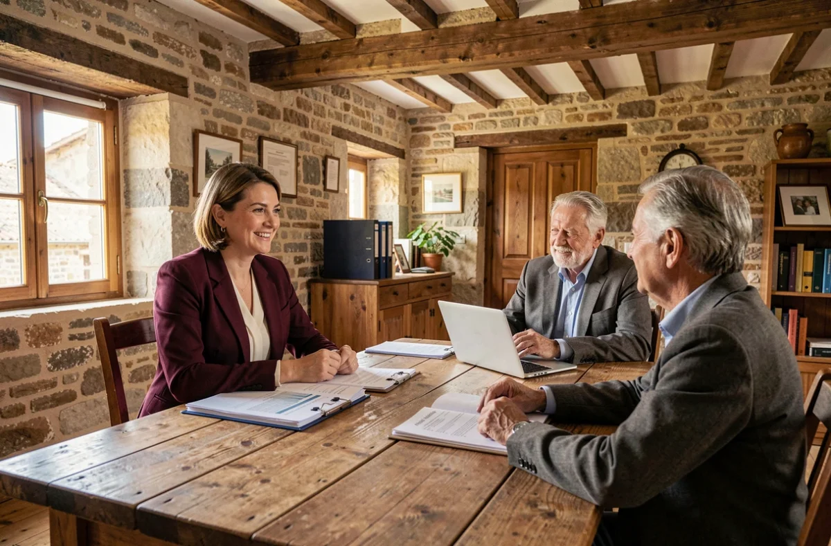 Courtière indépendante Artémis Courtage en réunion avec un couple dans un bureau au cachet traditionnel en Nouvelle-Aquitaine