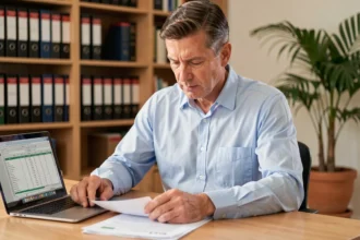 Propriétaire bailleur examinant des documents d'assurance emprunteur pour déduction fiscale sur revenus fonciers