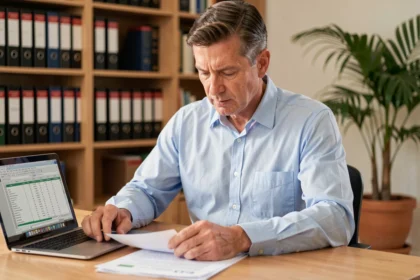 Propriétaire bailleur examinant des documents d'assurance emprunteur pour déduction fiscale sur revenus fonciers