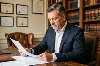 Avocat parisien en costume marine examinant une amende RATP dans son cabinet juridique