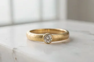 Bague de fiançailles en or 9 carats posée sur marbre blanc, vue macro détaillée de la texture du métal et du chaton