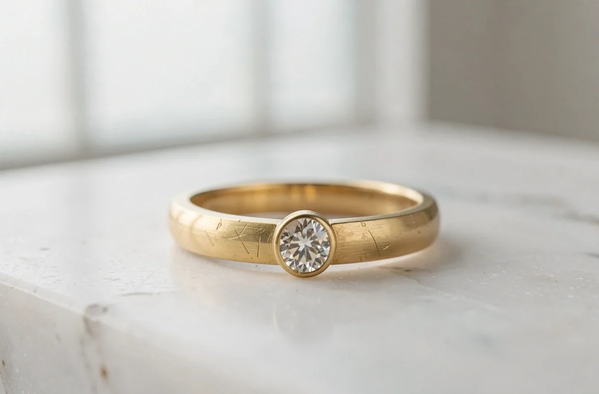 Bague de fiançailles en or 9 carats posée sur marbre blanc, vue macro détaillée de la texture du métal et du chaton