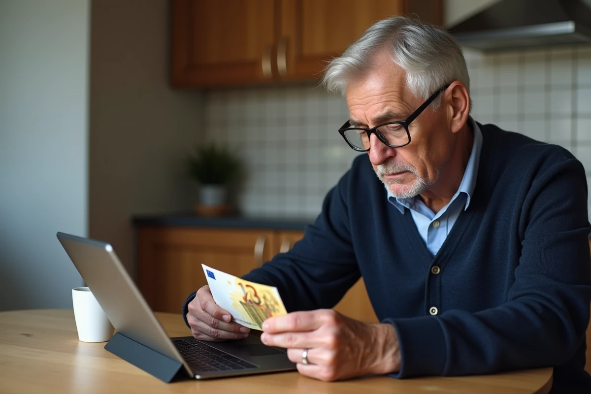 Homme senior tenant un billet en euro face à une tablette affichant une application bancaire, illustrant la fin progressive des billets de banque
