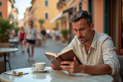 Touriste consultant son budget voyage dans un café en terrasse en Italie avec un paquet de cigarettes et un carnet de notes