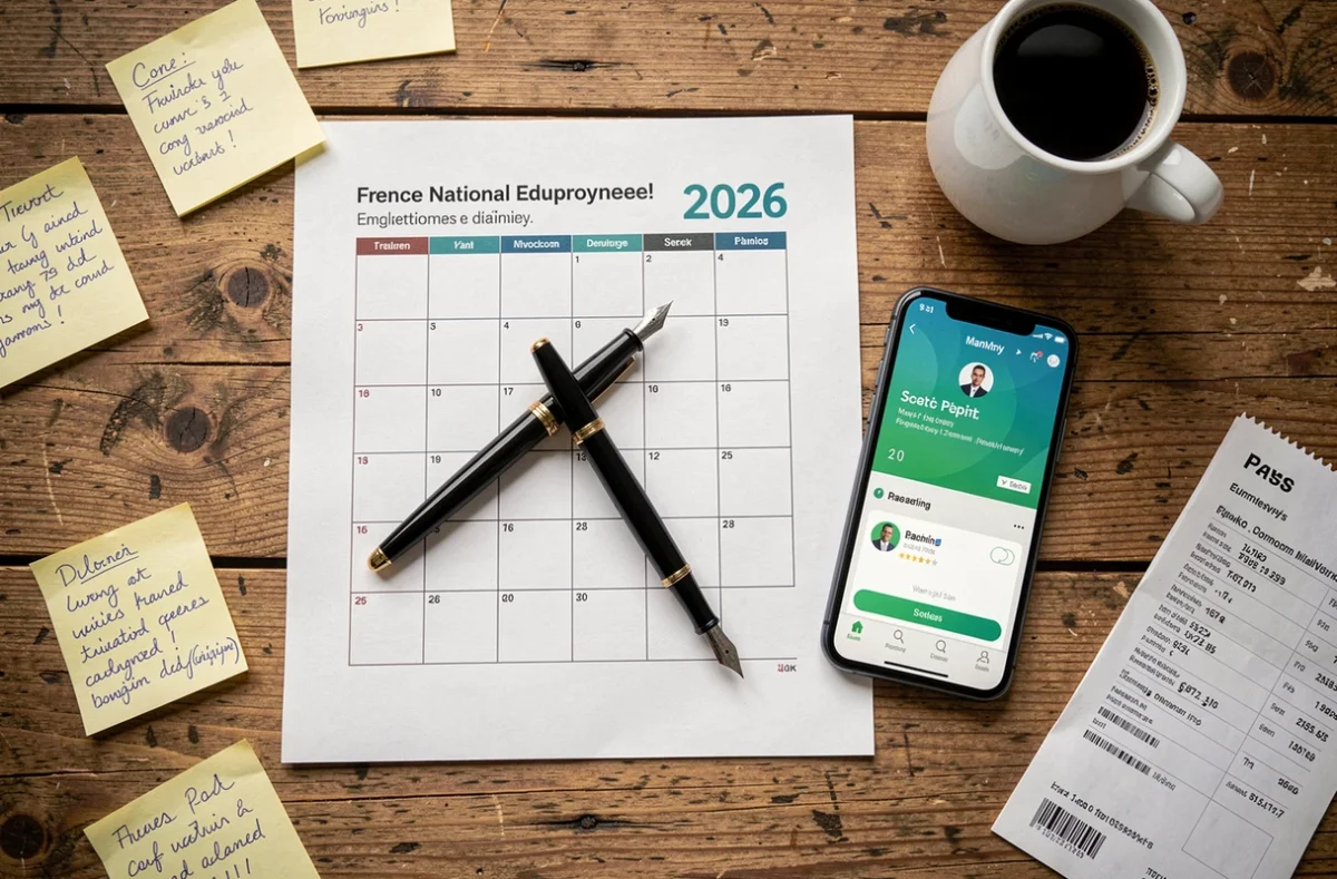 Vue de dessus d'un bureau avec calendrier de paye 2026 de l'éducation nationale, fiche de salaire et smartphone affichant un virement bancaire