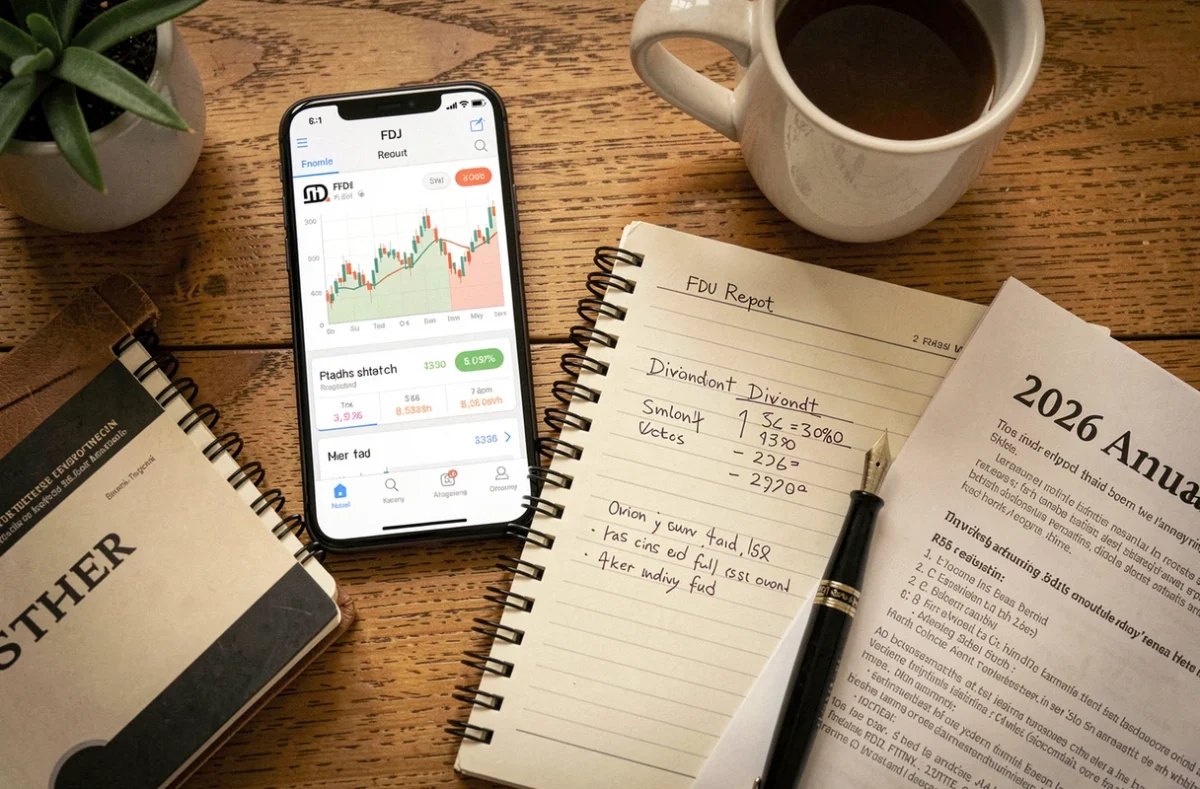 Bureau d'épargnant avec smartphone affichant les actions FDJ, carnet de dividendes et rapport annuel 2026