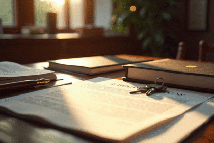 Bureau de notaire avec documents clés et stylo doré