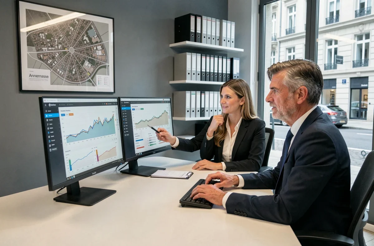 Professionnels d'un cabinet de gestion de patrimoine à Annemasse analysant un portefeuille immobilier sur écrans