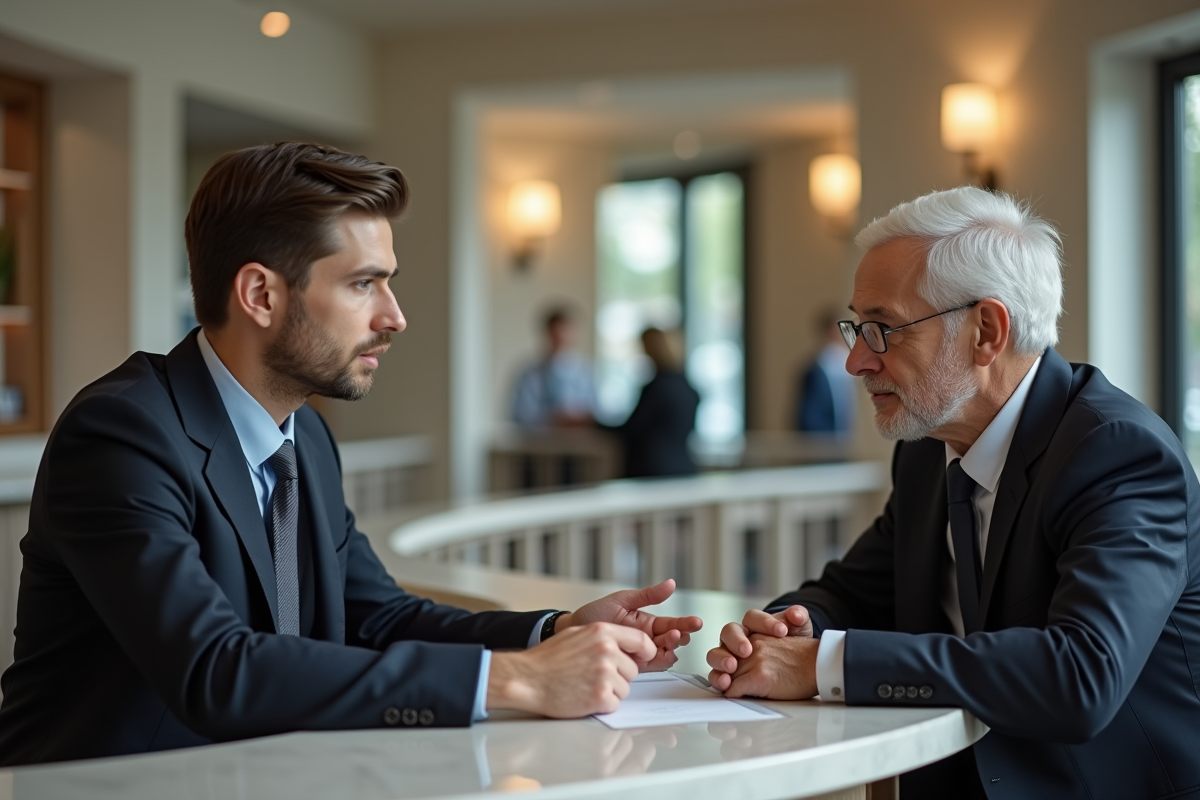 Jeune caissier expliquant un relevé bancaire à un client âgé