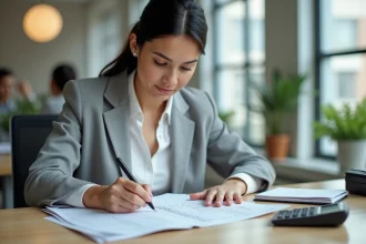 Femme calculant les heures en centièmes sur une feuille de temps dans un bureau moderne