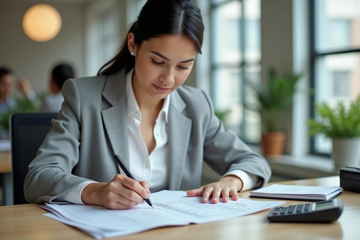 Femme calculant les heures en centièmes sur une feuille de temps dans un bureau moderne