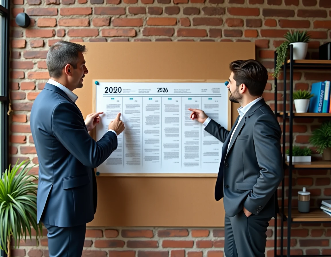Deux collègues analysant un calendrier annuel 2026 affiché sur un tableau de liège dans un espace de coworking