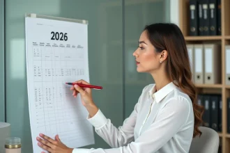 Femme professionnelle marquant des dates clés sur un calendrier mural 2026 dans un bureau moderne