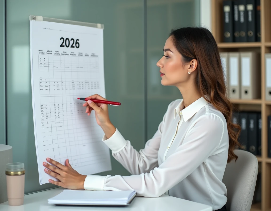 Femme professionnelle marquant des dates clés sur un calendrier mural 2026 dans un bureau moderne