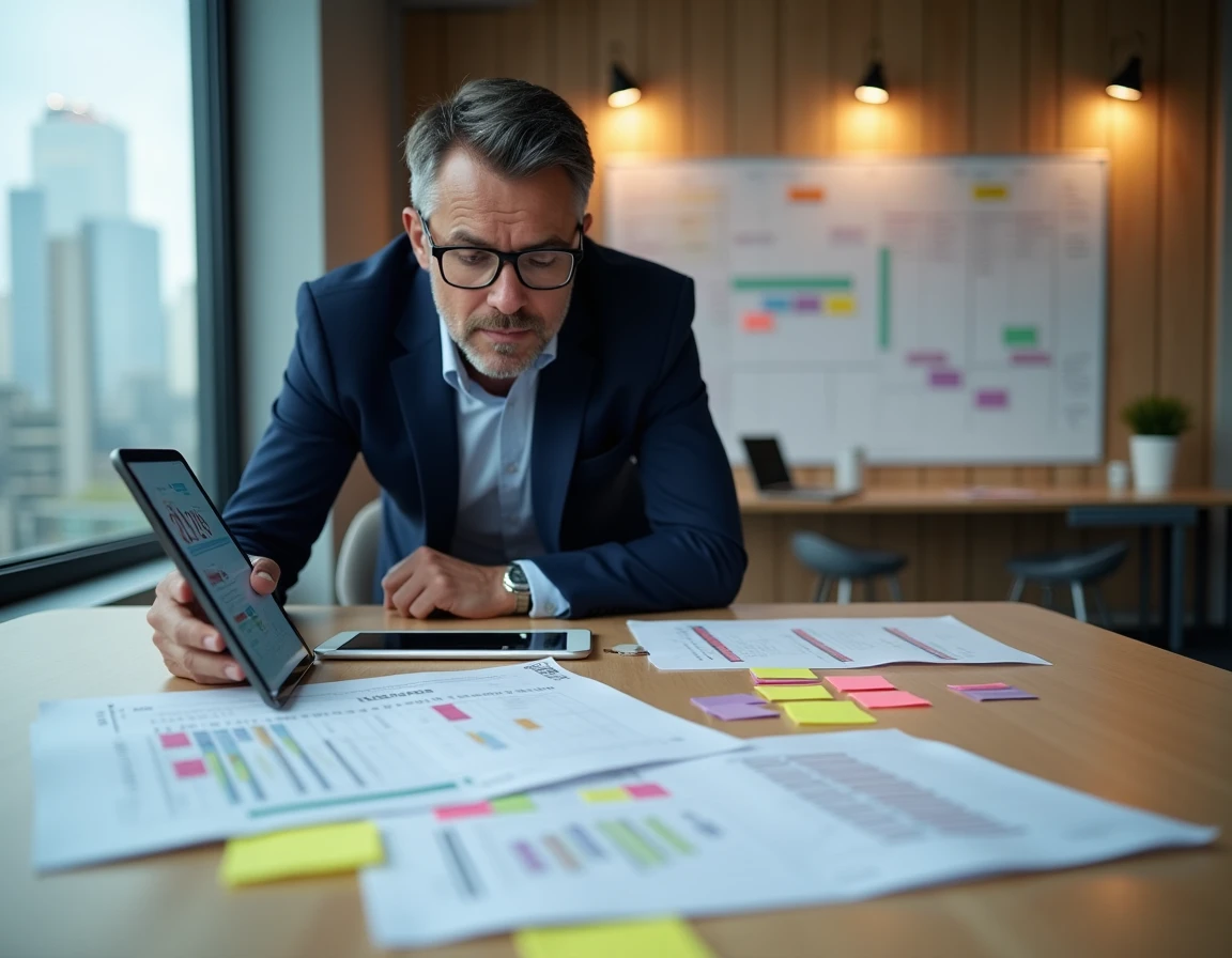 Homme en réunion planifiant les étapes clés du calendrier 2026 avec documents et tablette numérique
