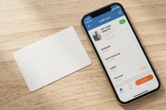 Carte cadeau posée près d'un smartphone affichant une application
