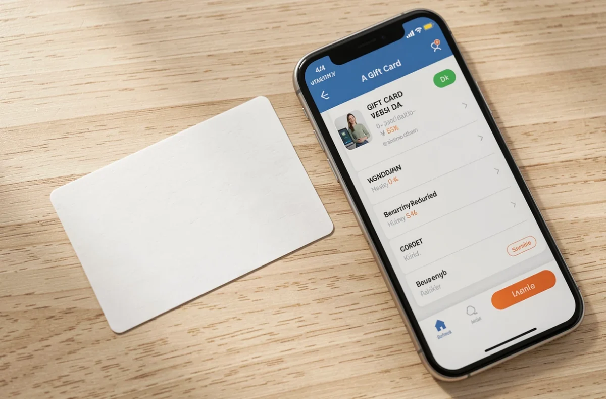 Carte cadeau posée près d'un smartphone affichant une application