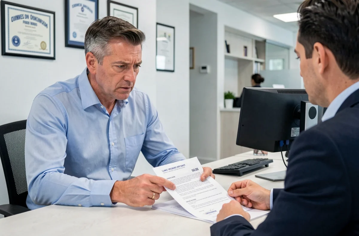 Client discutant de la résiliation de son assurance auto avec un conseiller en agence