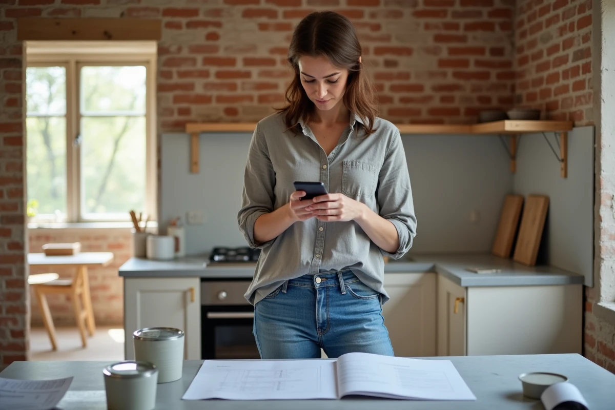 Femme consultant Cofidis sur smartphone pendant des travaux de rénovation de cuisine