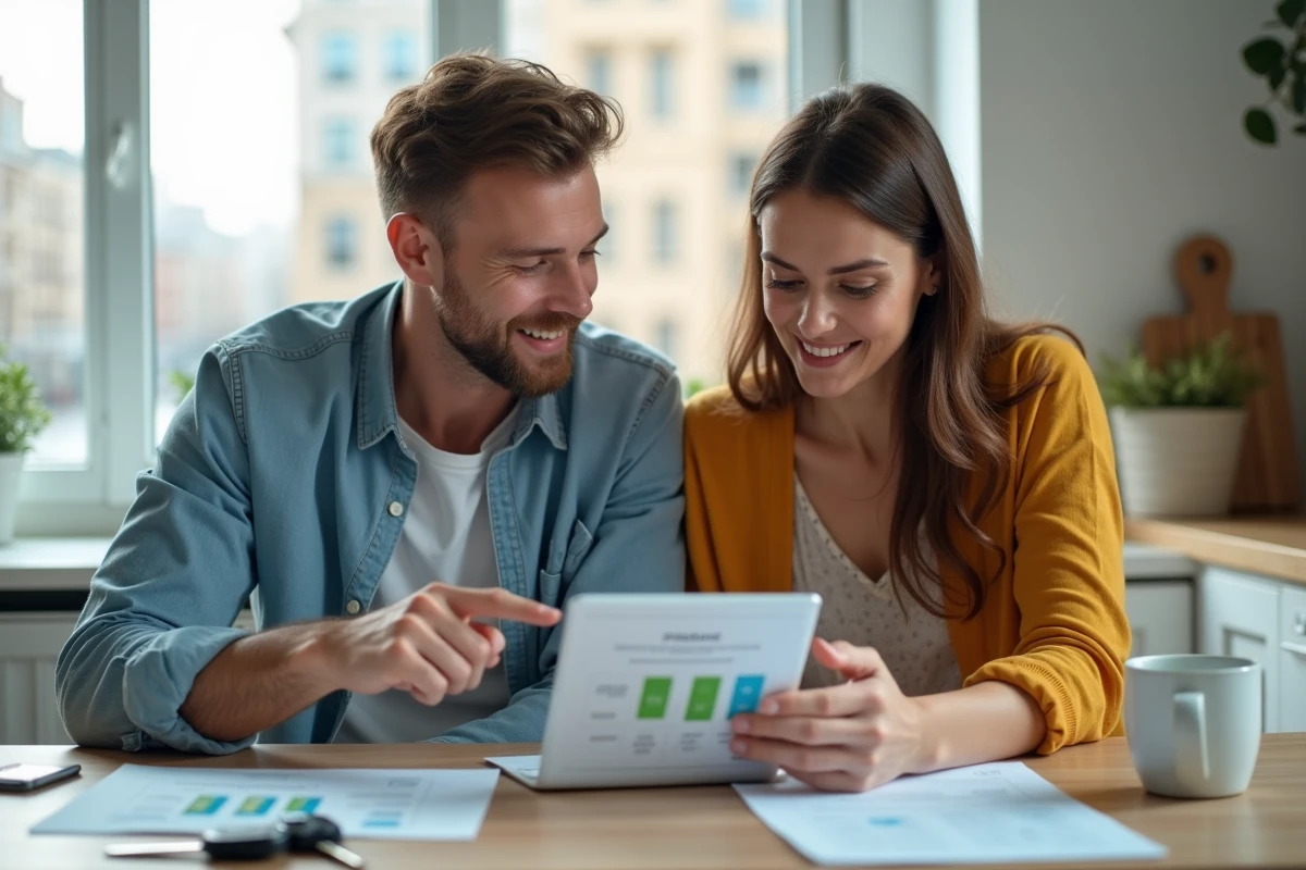 Couple consultant un simulateur de crédit Cofidis pour financer un projet auto