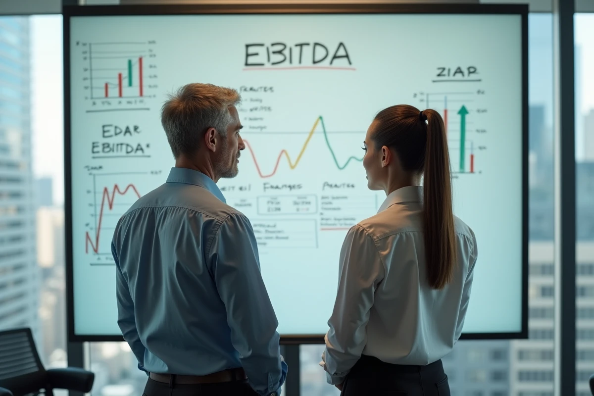 Deux professionnels discutant devant un whiteboard financier