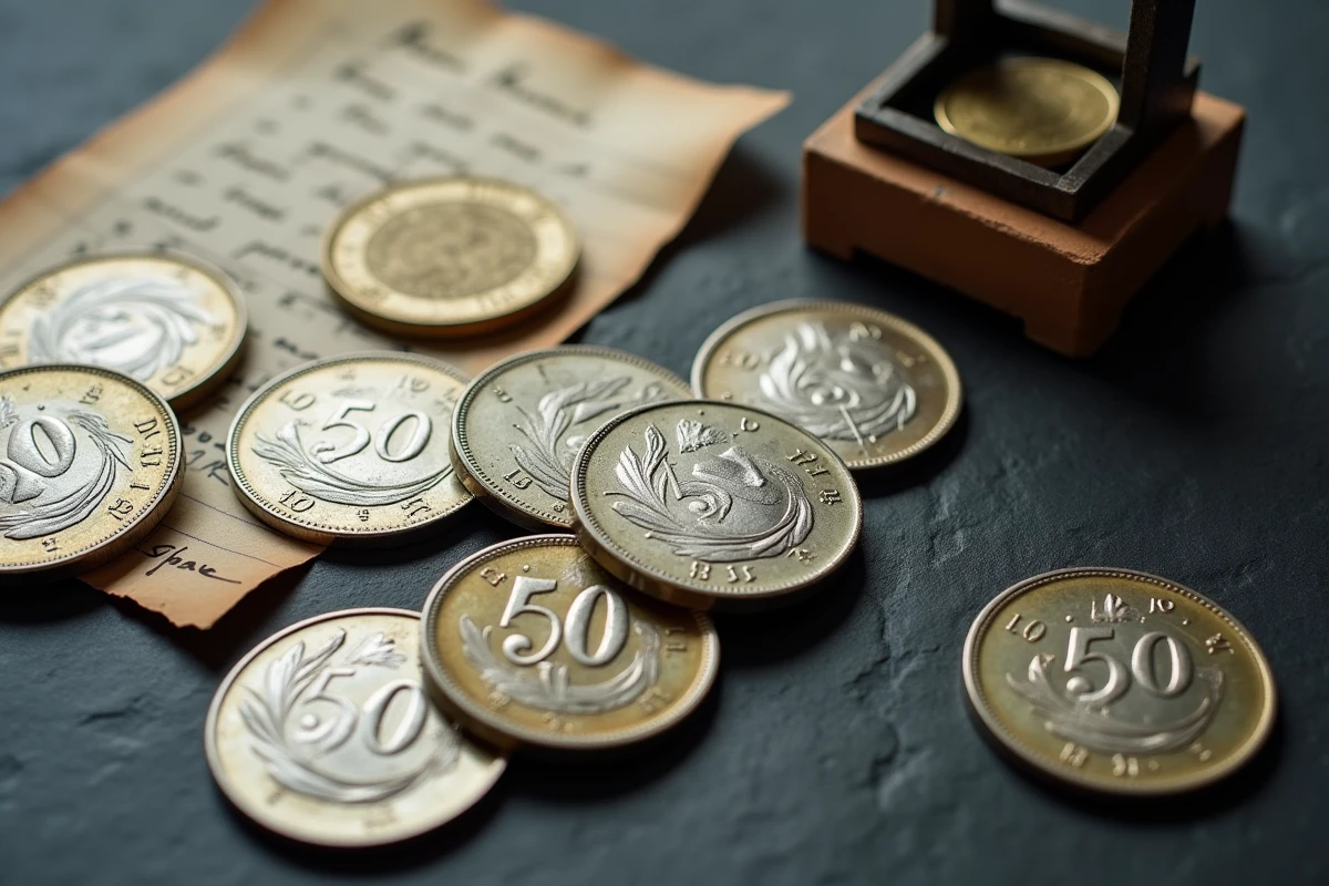 Collection de pièces 50 Francs 1977 en argent étalées sur une surface en ardoise noire avec une balance de joaillier et des notes manuscrites sur leur valeur