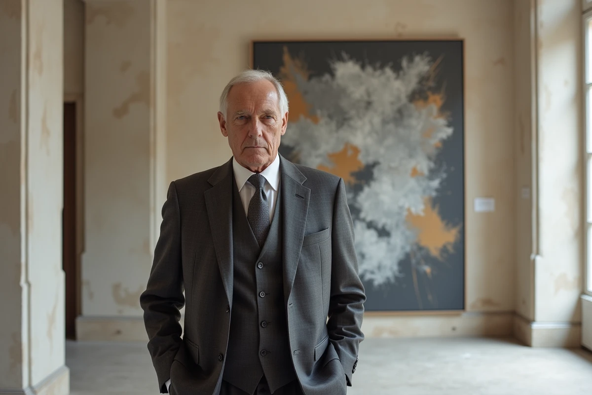 Collectionneur d'art contemporain devant une grande peinture abstraite dans une galerie parisienne haut de gamme