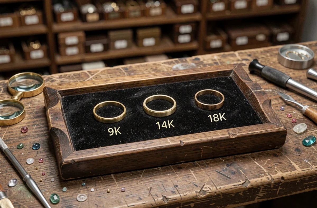 Comparaison de bagues de fiançailles en or 9, 14 et 18 carats sur plateau en velours dans un atelier de joaillerie