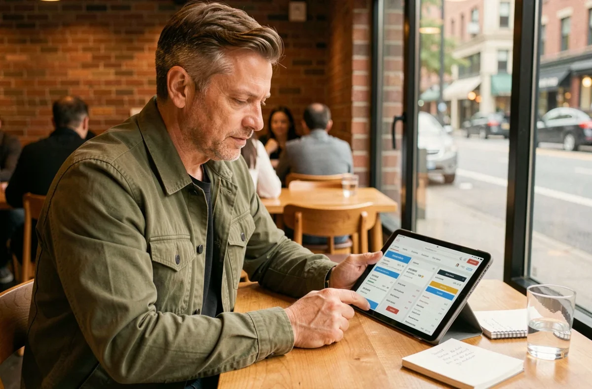 Homme comparant des devis assurance auto sur tablette dans un café urbain