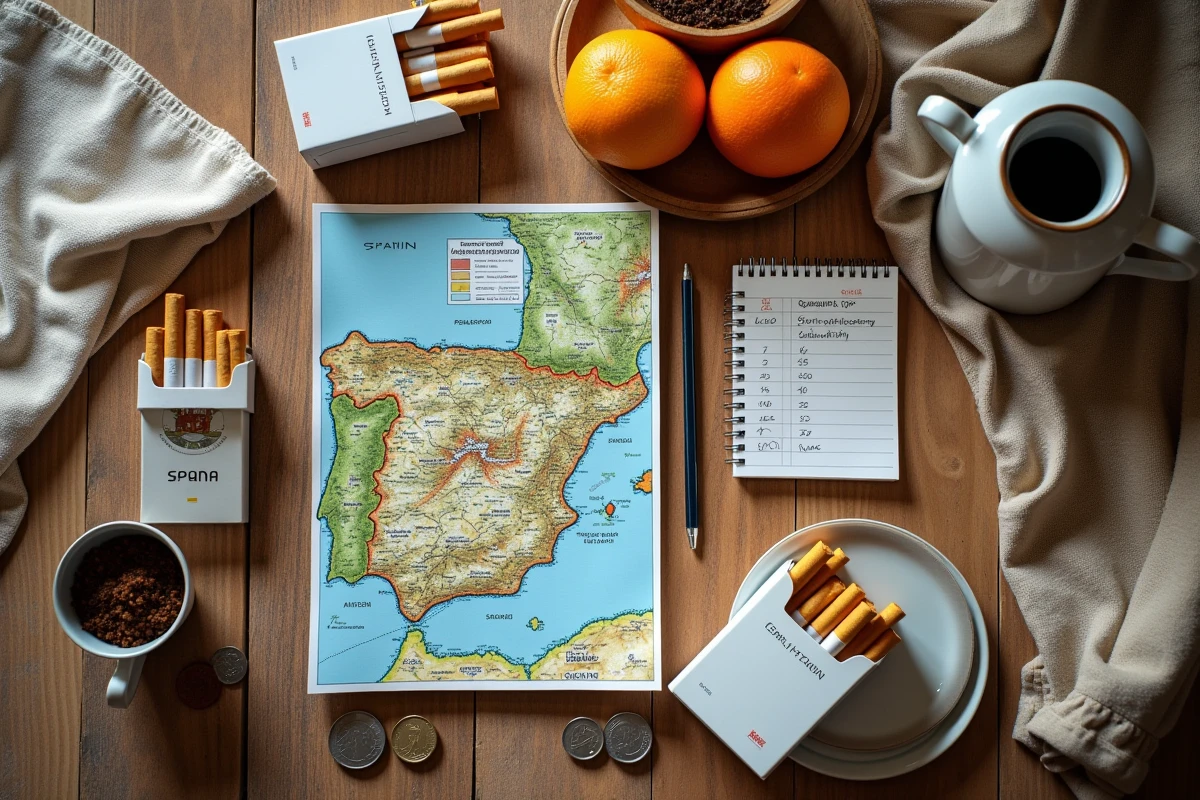 Vue en plongée de paquets de cigarettes espagnols, de tabac à rouler et d'une carte des zones frontalières avec comparaison de prix
