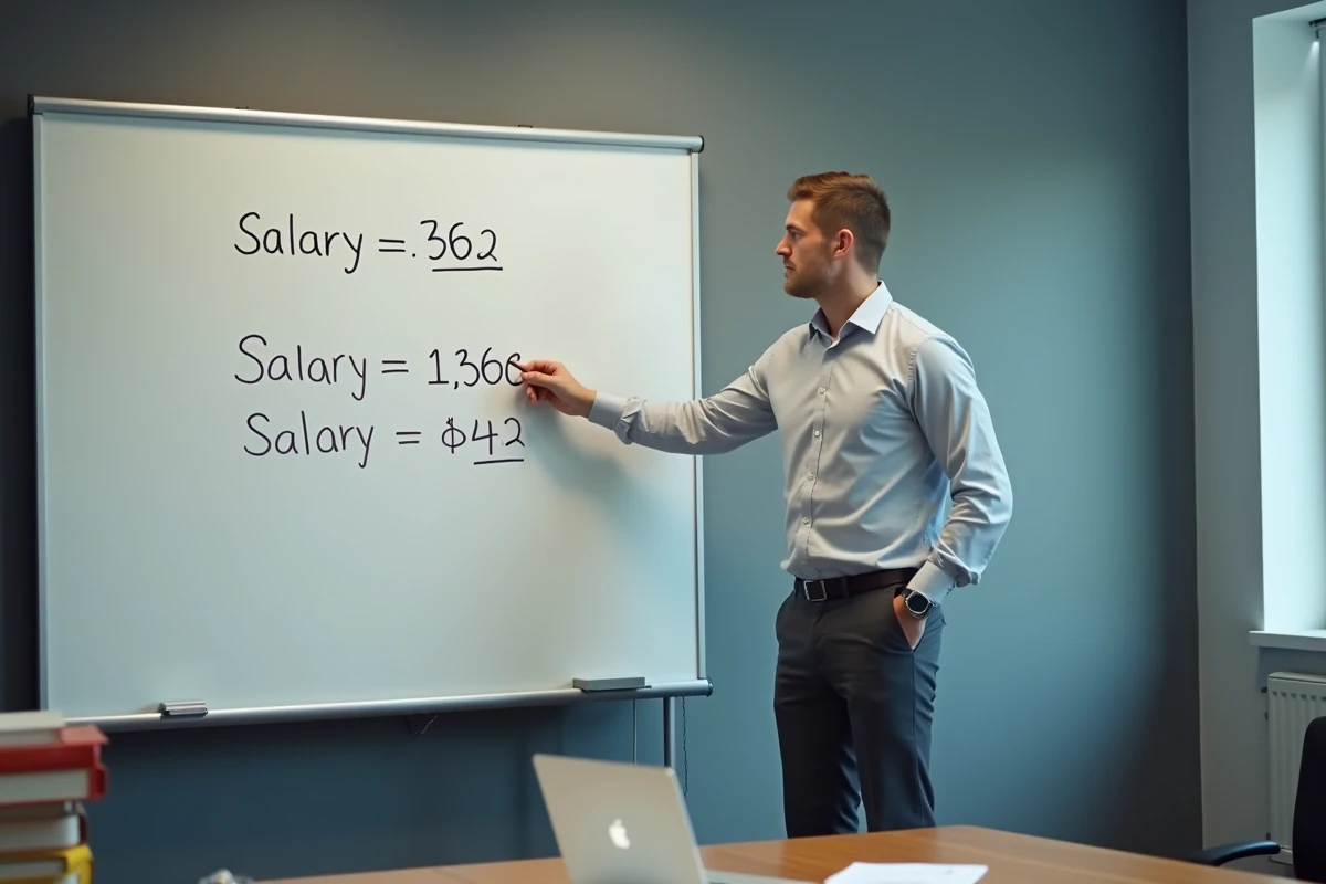 Comptable expliquant le calcul salaire brut net 2300 euros sur tableau blanc