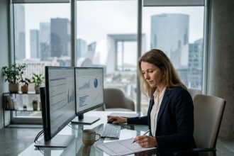 Comptable professionnelle travaillant sur des documents financiers dans un bureau moderne du quartier d'affaires parisien avec vue sur La Défense