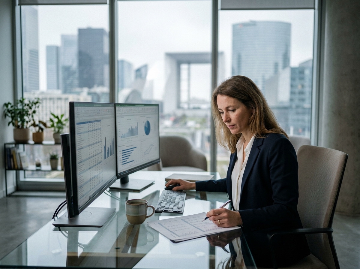 Comptable professionnelle travaillant sur des documents financiers dans un bureau moderne du quartier d'affaires parisien avec vue sur La Défense