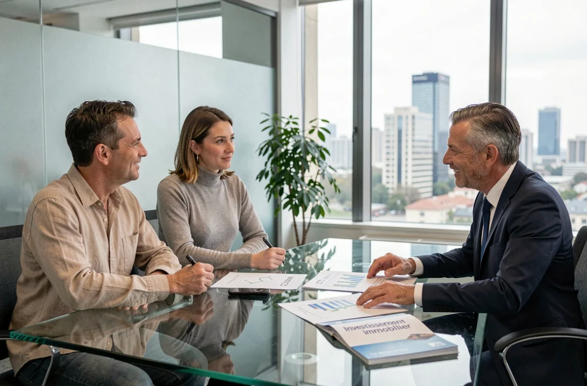 Couple discutant d'un investissement en SCPI avec un conseiller financier dans un bureau moderne