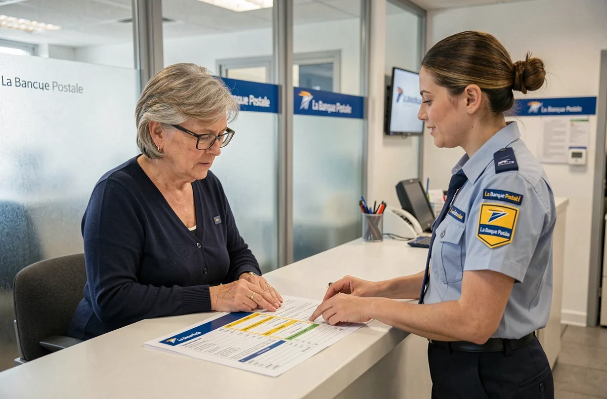 Cliente et conseiller La Banque Postale en agence discutant des dates de valeur et des délais d'une opération bancaire à venir