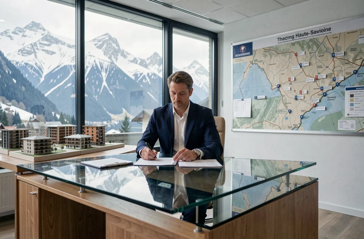 Conseiller en investissement locatif en Haute-Savoie avec vue panoramique sur les Alpes depuis son bureau moderne